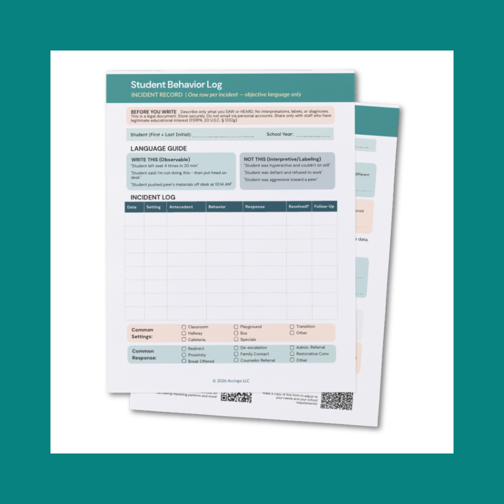 A screenshot of the first page of the Student Behavior & Incident Documentation Log